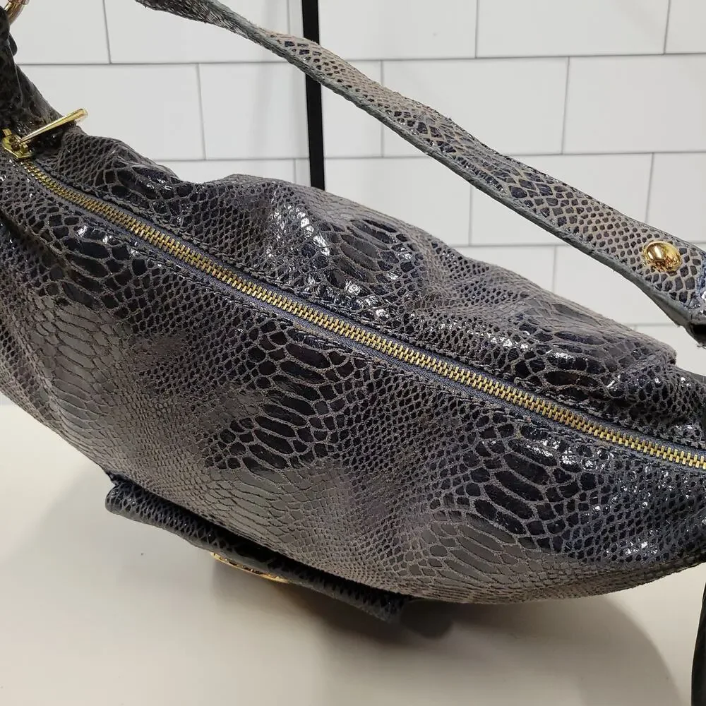 Michael Kors Gray Snake Embossed Hobo Shoulder Bag Gold MK Logo Purse Large